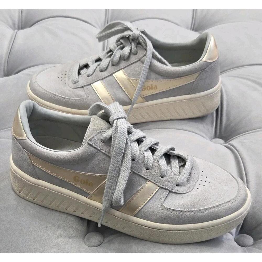 Gola Grandslam Pearl Sneakers Gray Leather Gold Lace Up CLB114 Womens Shoes 7